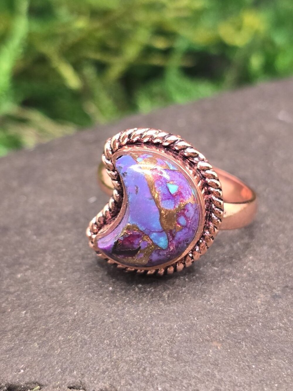 Purple Copper Turquoise Moon Ring Size 6